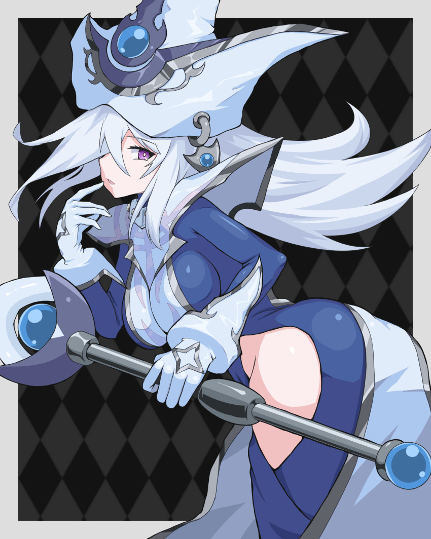 1girl, bangs, black_dress, breasts, dress, duel_monster, floating_hair, gloves