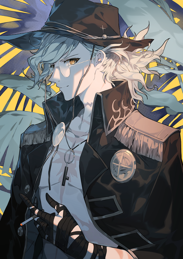 1boy, coat, edmond_dantes_(fate), edmond_dantes_(monte_cristo_selection)_(fate), fate/grand_order, fate_(series), glasses, jewelry, lirica, male_focus, male_swimwear, pendant, silver_hair, smile, solo, swimsuit, wavy_hair, white_hair, yellow_eyes
