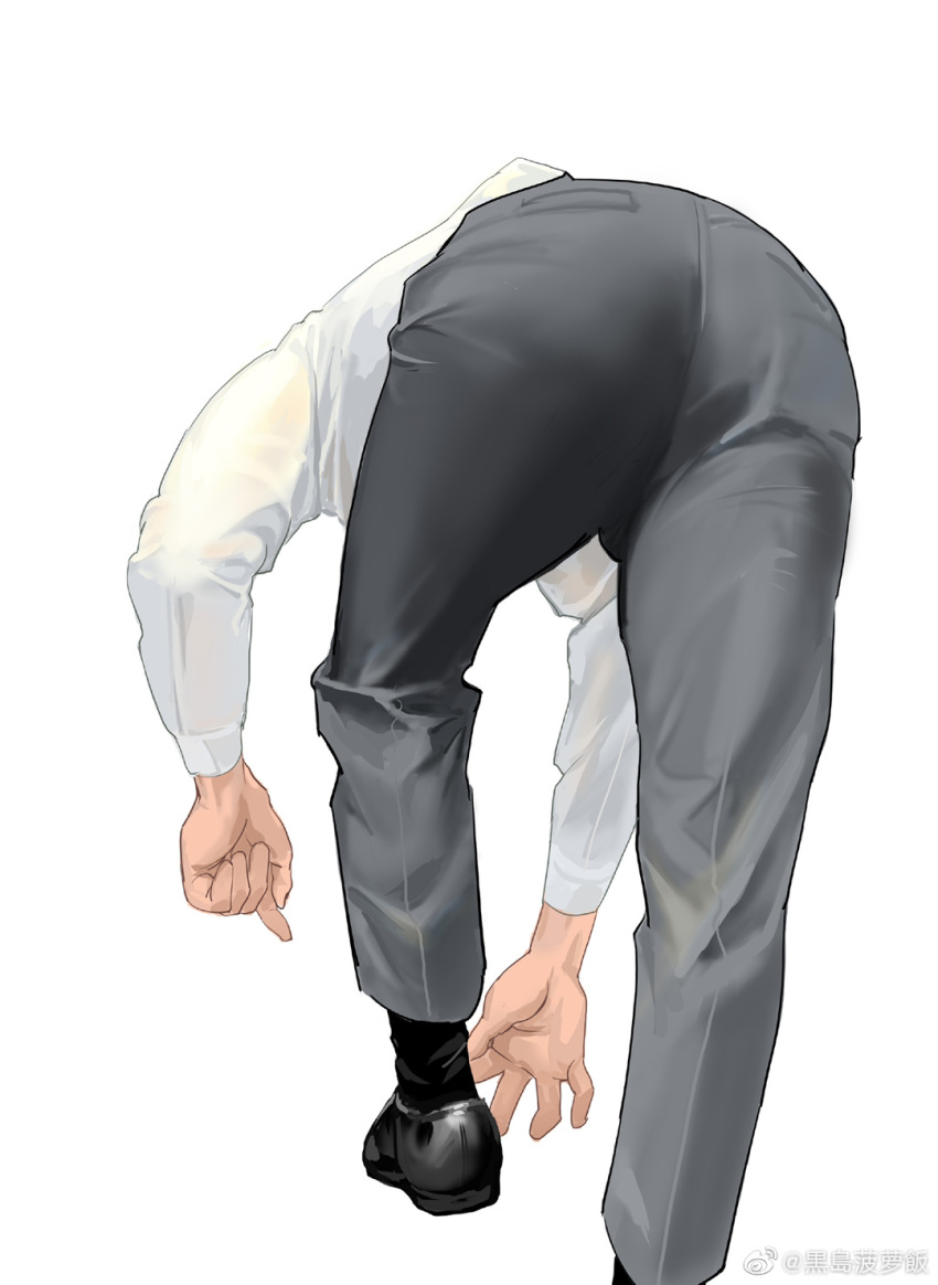 1boy, adjusting_footwear, adjusting_sock, ass, formal, from_behind, full_body, grey_pants