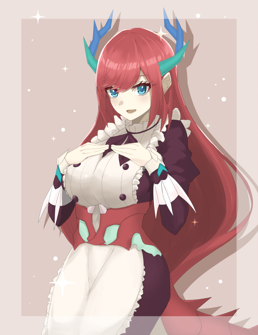 1girl, apron, bangs, black_dress, breasts, cup, dragon_girl, dragon_horns