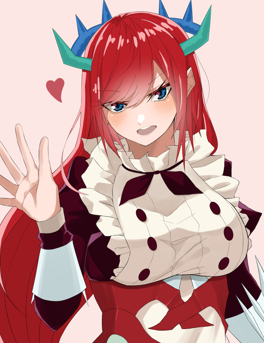 1girl, apron, bangs, black_dress, breasts, cup, dragon_girl, dragon_horns