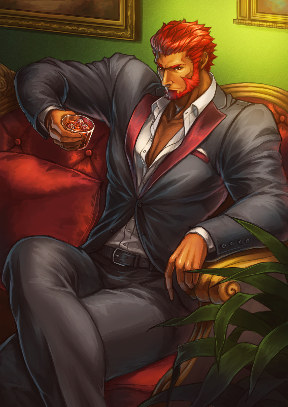 1boy, alternate_costume, beard, collared_shirt, couch, crossed_legs, cup, facial_hair, fate/zero, fate_(series), feet_out_of_frame, grey_suit, highres, holding, holding_cup, iskandar_(fate), ma2910ko, male_focus, mature_male, muscular, muscular_male, on_couch, pectoral_cleavage, pectorals, red_eyes, redhead, shirt, short_hair, sitting, solo, thick_thighs, thighs