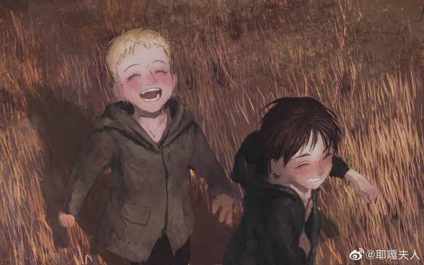 2boys, :d, ^_^, blonde_hair, blush, brown_hair, brown_jacket, child