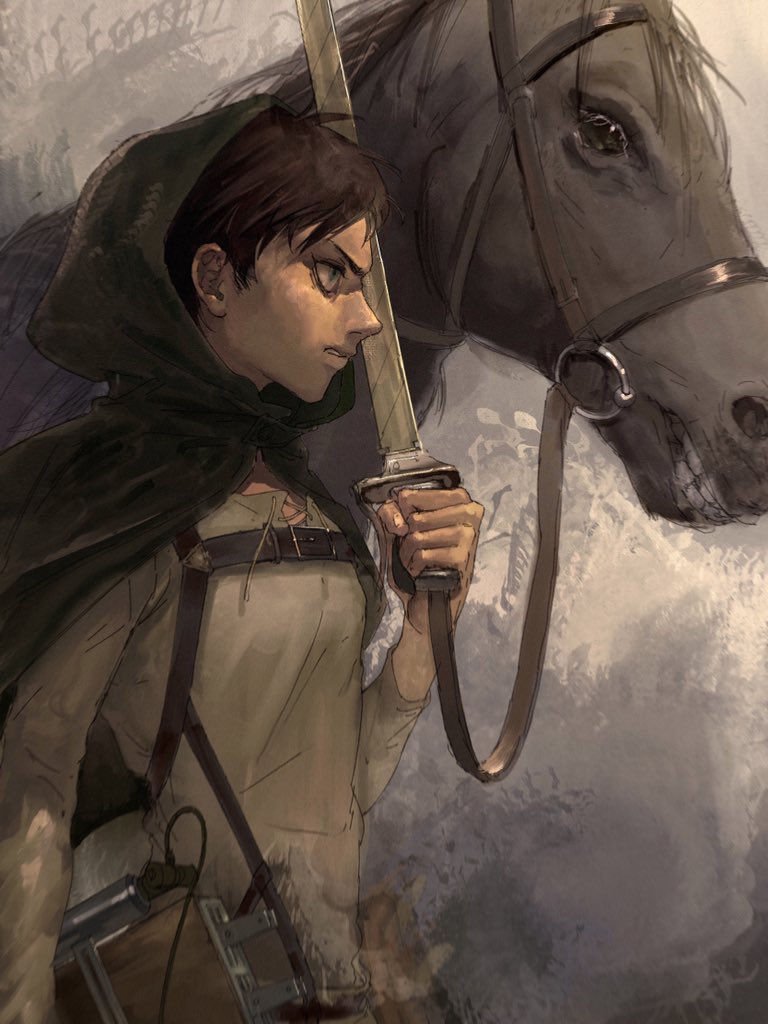 1boy, brown_hair, capelet, chest_harness, eren_yeager, from_side, green_capelet, green_eyes