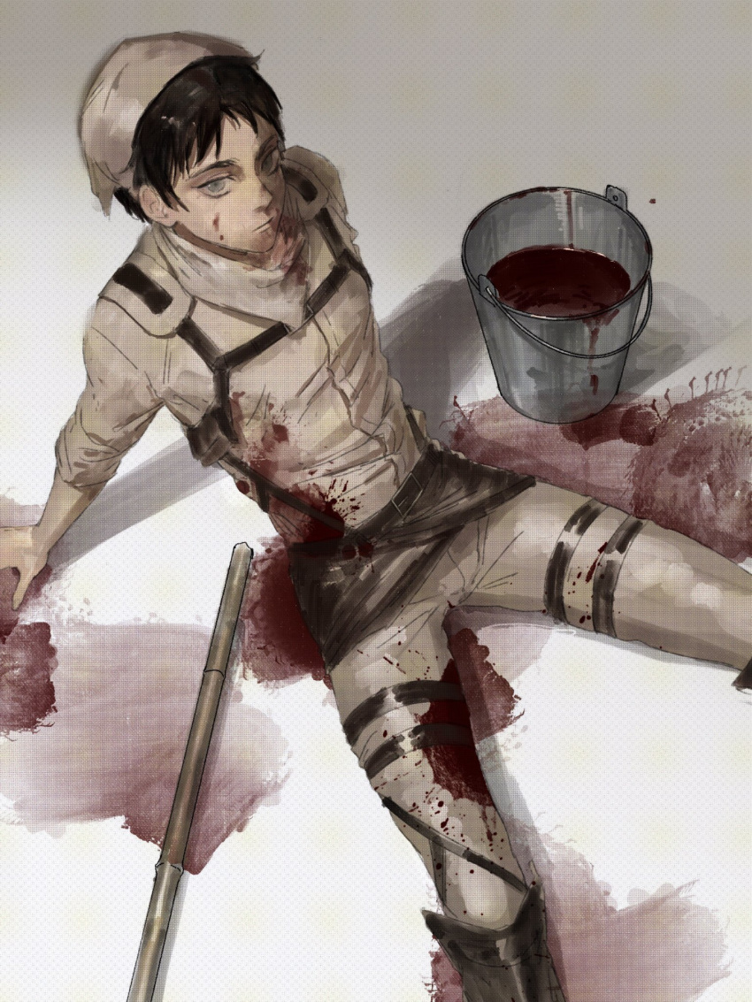 1boy, blood, blood_on_clothes, blood_on_face, blood_splatter, brown_hair, bucket, chest_harness, eren_yeager, feet_out_of_frame, from_above, green_eyes, harness, head_scarf, highres, leg_belt, looking_at_viewer, male_focus, mop, mrs.yega_(nai0026er), paradis_military_uniform, shingeki_no_kyojin, short_hair, sideburns, sitting, solo, unfinished