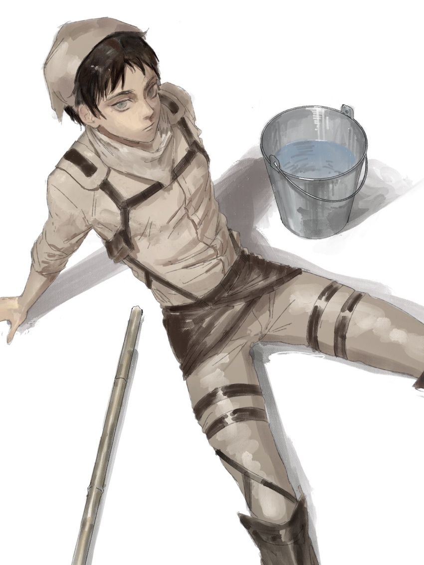 1boy, brown_hair, bucket, chest_harness, eren_yeager, feet_out_of_frame, from_above, green_eyes