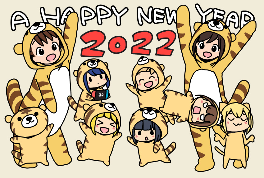 >_<, 2022, 6+girls, :3, akamatsu_yui, angry, animal_costume, animal_print, aoyama_kotoha_(mitsuboshi_colors), arm_up, arms_up, bangs, black_hair, blonde_hair, blue_hair, blunt_bangs, blush_stickers, brown_hair, chibi, chinese_zodiac, closed_mouth, commentary_request, dot_mouth, full_body, hands_up, happy_new_year, highres, hitori_bocchi, hitoribocchi_no_marumaru_seikatsu, honshou_aru, katsuwo_(cr66g), kise_saki, kurai_kako, looking_at_another, mitsuboshi_colors, multiple_girls, new_year, nintendo_switch, open_mouth, shrugging, simple_background, smile, sotoka_rakita, split_mouth, sunao_nako, tiger, tiger_costume, tiger_print, year_of_the_tiger, yellow_background