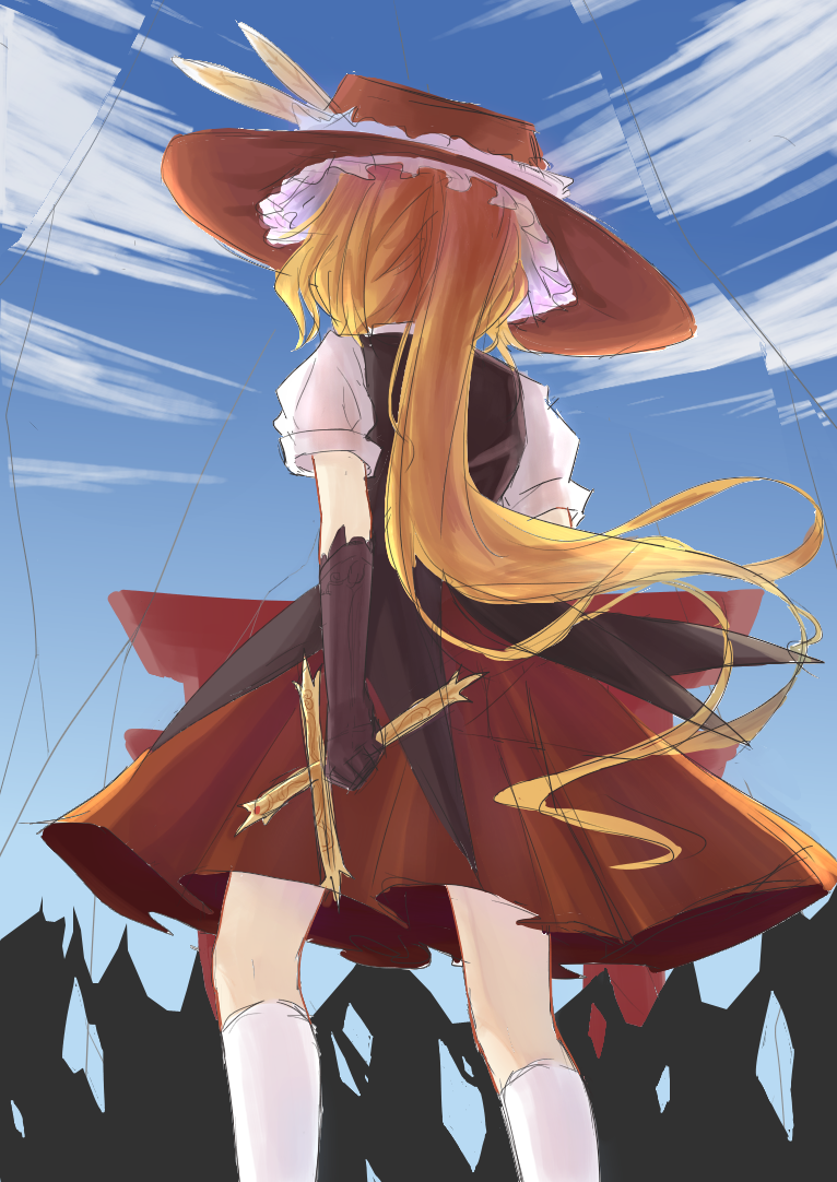 1girl, adapted_costume, black_vest, blonde_hair, brown_gloves, brown_headwear, brown_skirt, cross