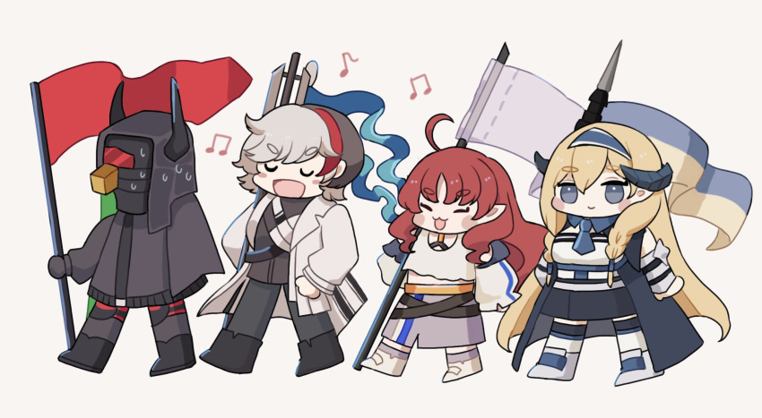 1boy, 1other, 2girls, :d, ahoge, arknights, bangs, beamed_eighth_notes