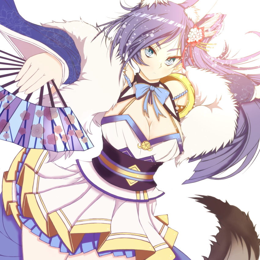 1girl, animal_ear_fluff, azur_lane, blue_eyes, breasts, cleavage_cutout, clothing_cutout, dress, folding_fan, hand_fan, highres, holding, holding_fan, jintsuu_(azur_lane), kiyo_(artist), large_breasts, layered_dress, long_hair, looking_at_viewer, purple_hair, short_dress, simple_background, tail, white_background, white_dress, wide_sleeves