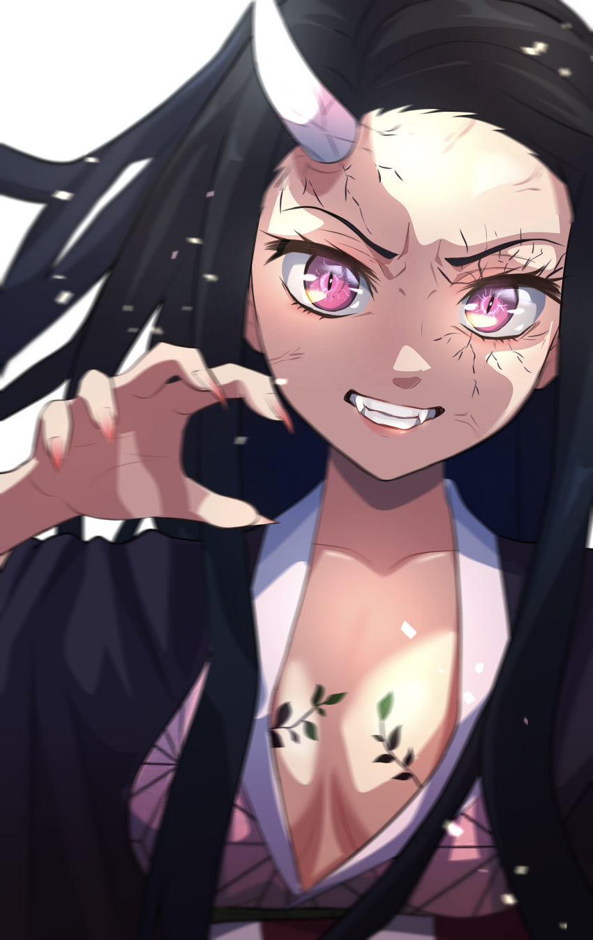 1girl, absurdres, black_hair, black_jacket, blurry, breast_tattoo, camui1104, claw_pose