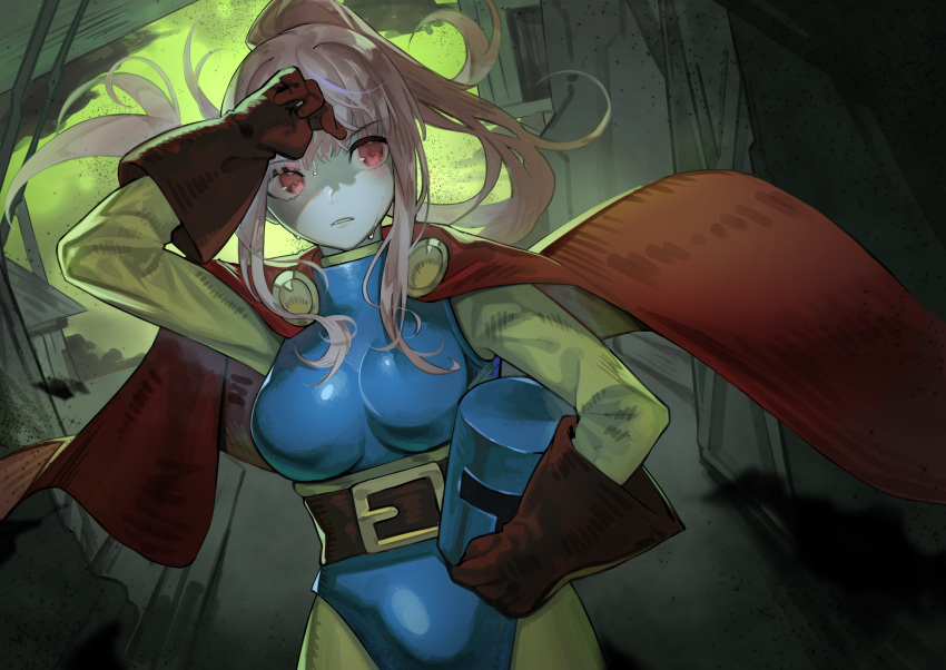 1girl, absurdres, armor, boobplate, breastplate, brown_gloves, cape, closed_mouth