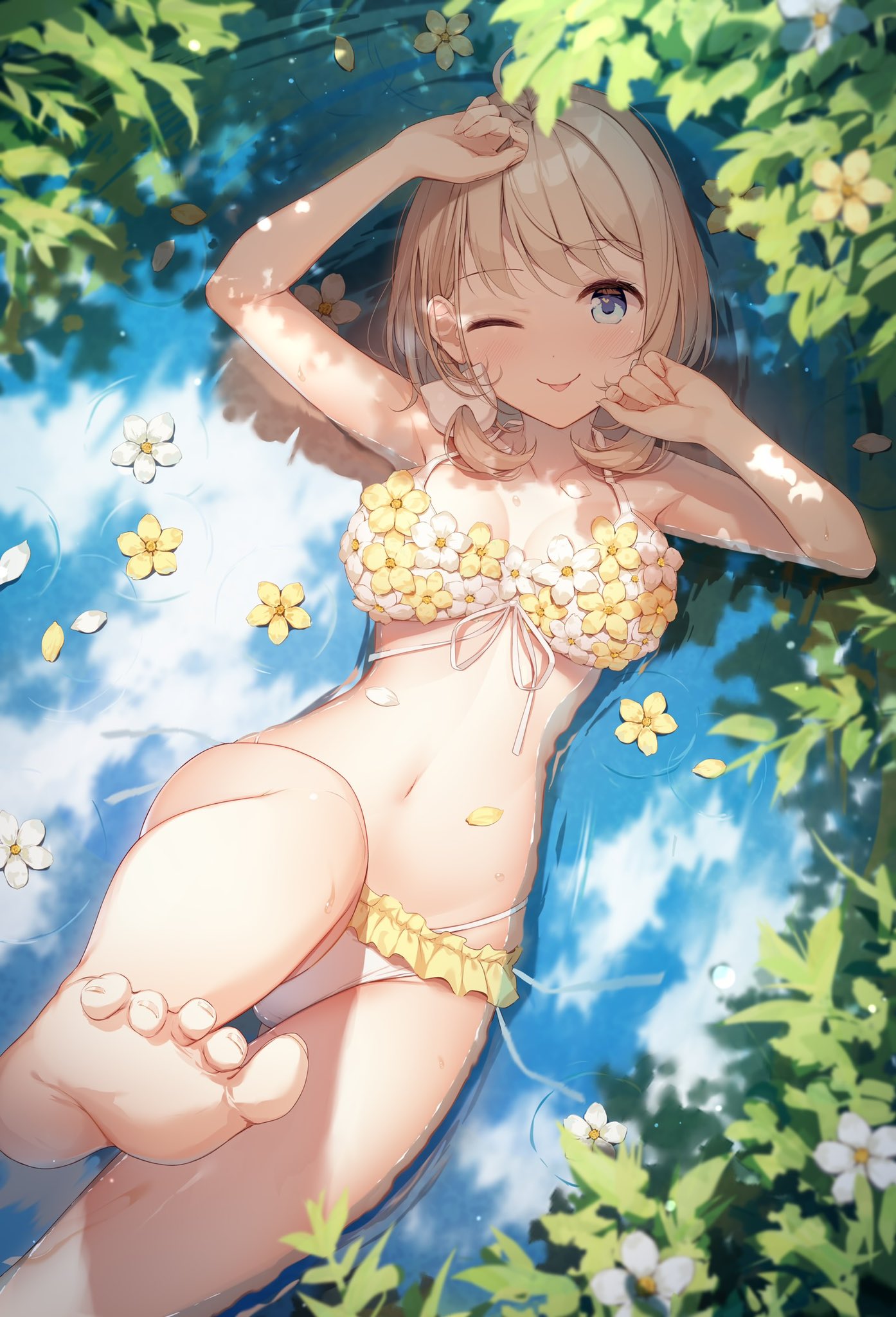 1girl, ;p, armpits, arms_up, bare_arms, bare_shoulders, barefoot, bikini