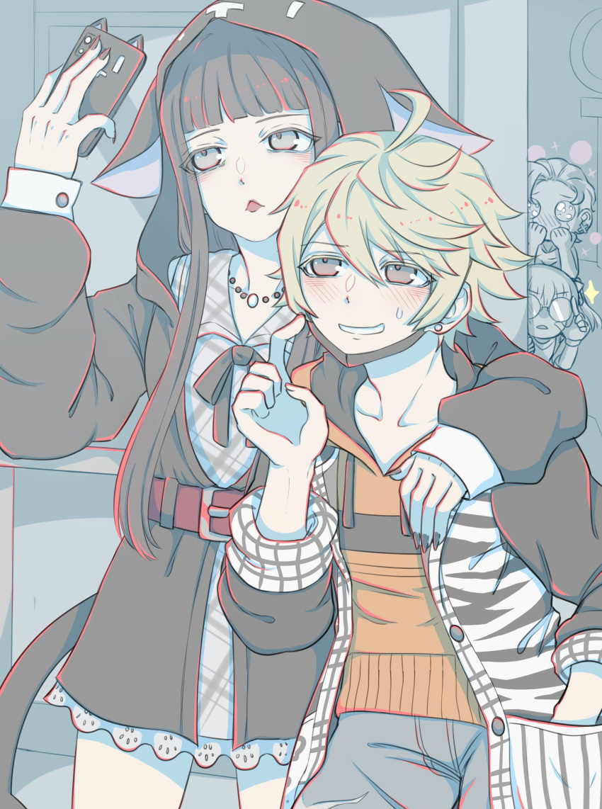 2boys, 2girls, absurdres, animal_hood, arm_around_shoulder, belt, blush, cat_hood