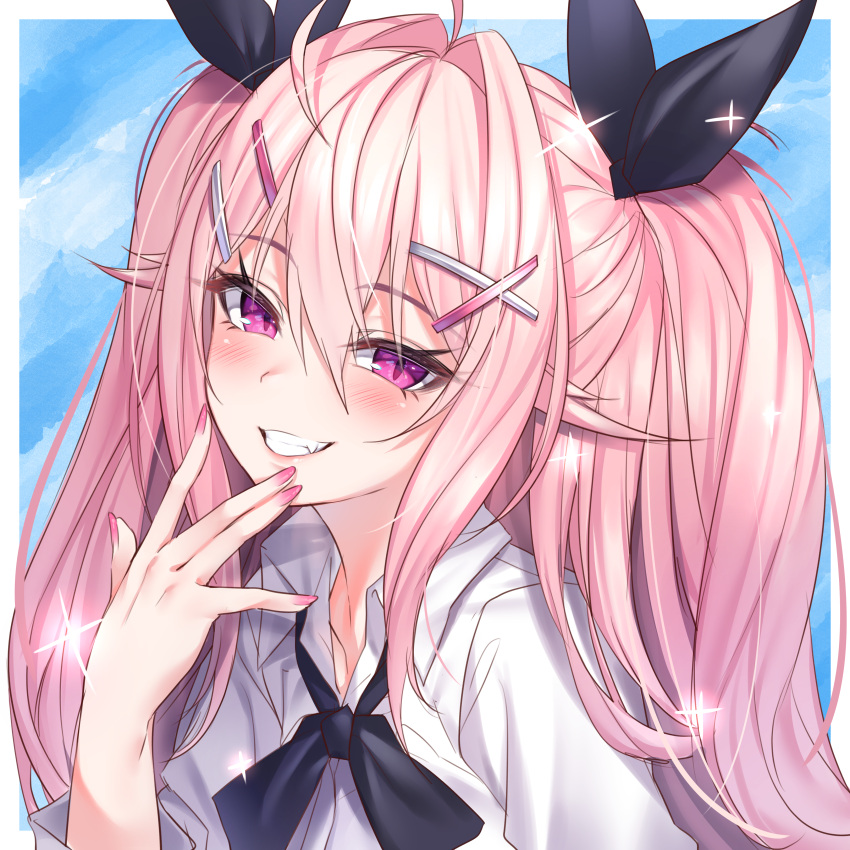 1girl, absurdres, black_neckwear, blush, clenched_teeth, eyebrows_visible_through_hair, eyoshi_rin, fang, hair_between_eyes, hair_ornament, highres, jingo, long_hair, looking_at_viewer, original, pink_eyes, pink_hair, shirt, smile, solo, teeth, twintails, upper_body, vrchat, white_shirt, x_hair_ornament