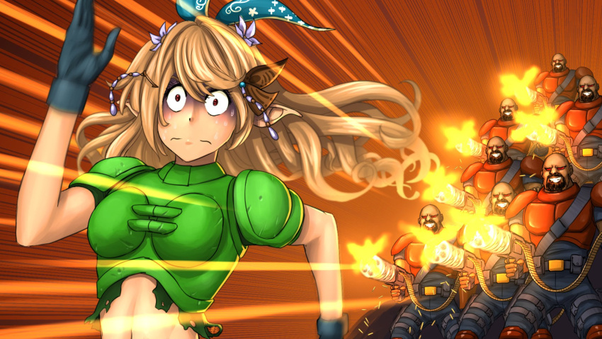 1girl, 6+boys, ammunition_belt, armor, bald, black_gloves, blonde_hair, commentary, constricted_pupils, cosplay, doom_(series), doomguy, doomguy_(cosplay), english_commentary, facial_hair, firing, flower, gatling_gun, gloom_(expression), gloves, grin, hair_flower, hair_ornament, hairclip, heavy_weapon_dude_(doom), highres, long_hair, midriff, minigun, multiple_boys, muzzle_flash, nijisanji, nijisanji_en, pointy_ears, pomu_rainpuff, red_eyes, running, smile, solo, split_mouth, substance20, sweat, sweating_profusely, virtual_youtuber