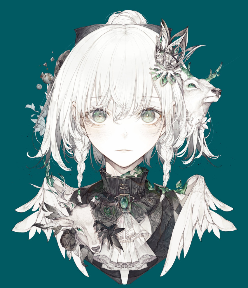 1girl, blue_background, braid, cropped_shoulders, expressionless, face, highres, hito_komoru