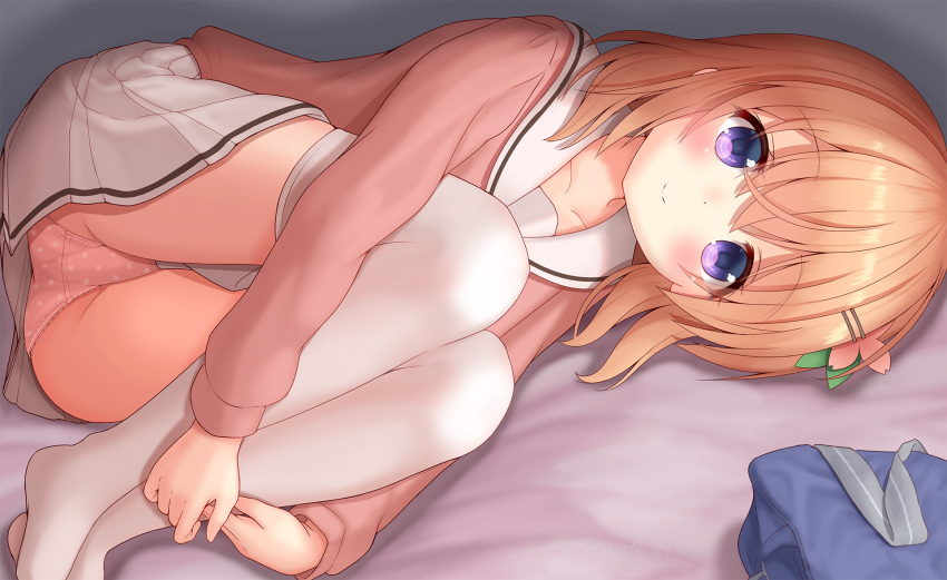 1girl, bed_sheet, blush, closed_mouth, collarbone, collared_shirt, fetal_position, flower, fujii_tatsuya, gochuumon_wa_usagi_desu_ka?, hair_flower, hair_ornament, highres, hoto_cocoa, hoto_cocoa's_school_uniform, hugging_own_legs, light_brown_hair, long_hair, looking_at_viewer, lying, miniskirt, on_side, panties, pink_flower, pink_panties, pink_shirt, pleated_skirt, polka_dot, polka_dot_panties, sailor_collar, sailor_shirt, school_uniform, shiny, shiny_hair, shirt, skirt, smile, solo, thigh-highs, underwear, violet_eyes, white_legwear, white_sailor_collar, white_skirt