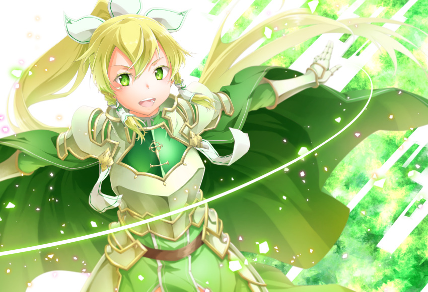1girl, :d, adapted_costume, armor, armored_dress, bangs, blonde_hair, braid