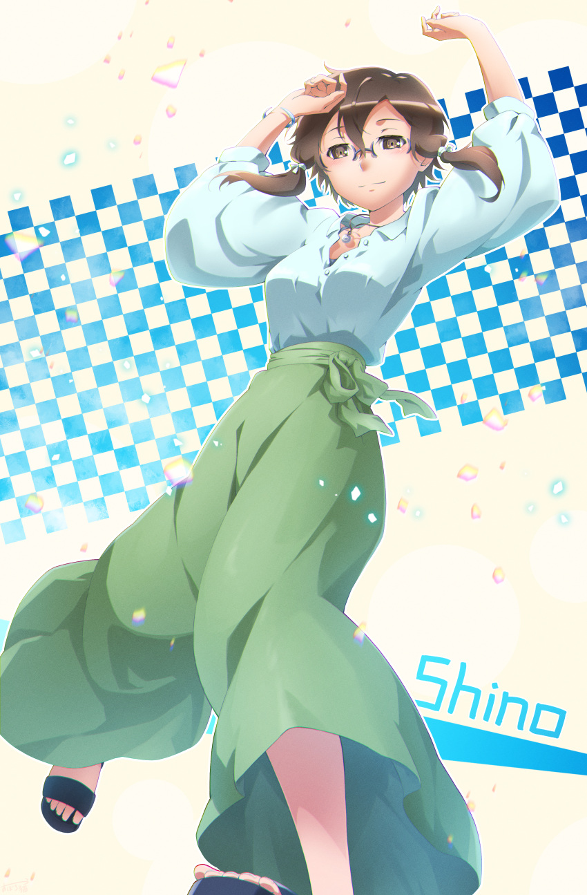 1girl, absurdres, arms_up, asada_shino, bangs, blue_shirt, bracelet, brown_eyes