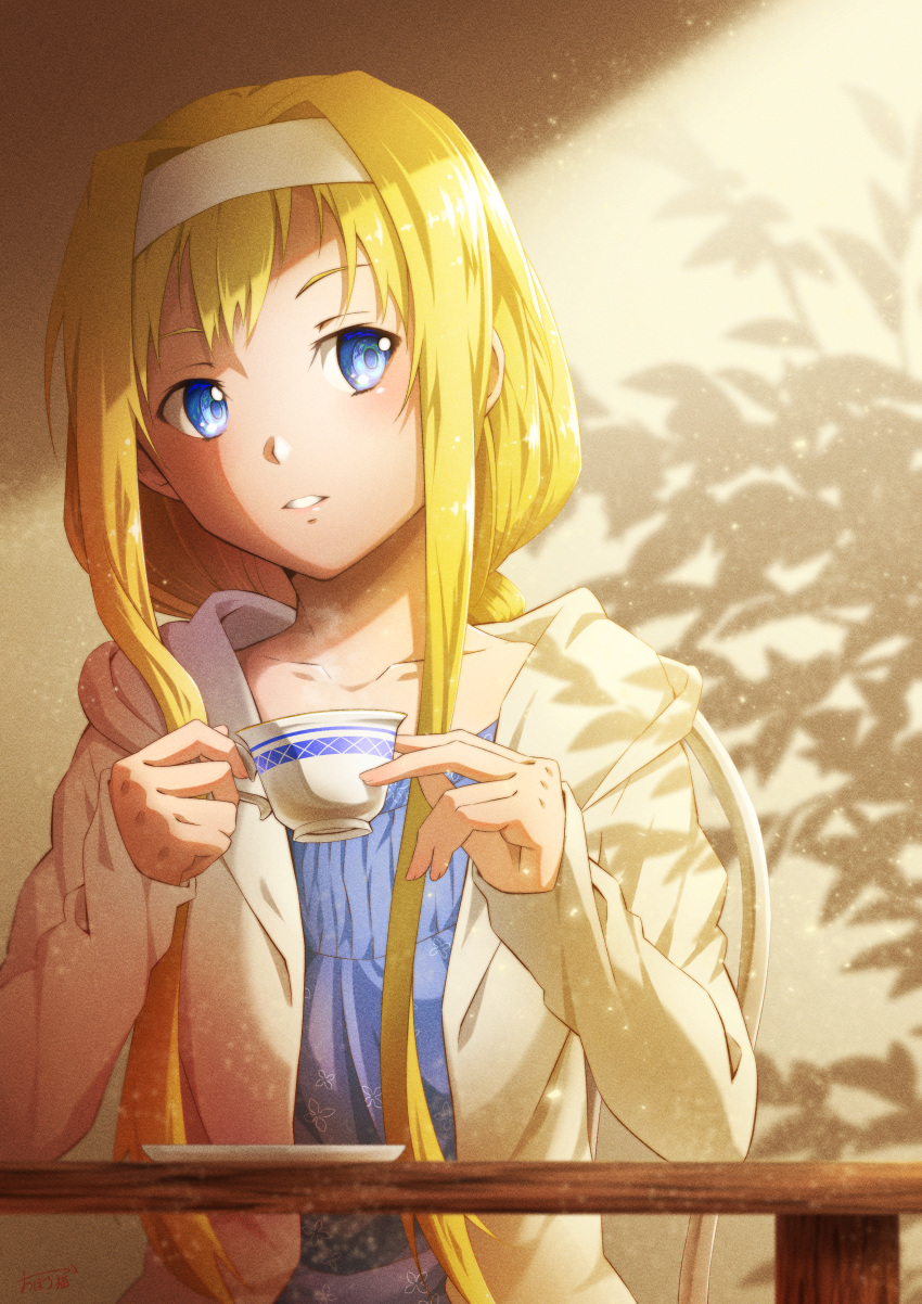 1girl, absurdres, alice_zuberg, blonde_hair, blue_eyes, blue_shirt, cardigan, collarbone