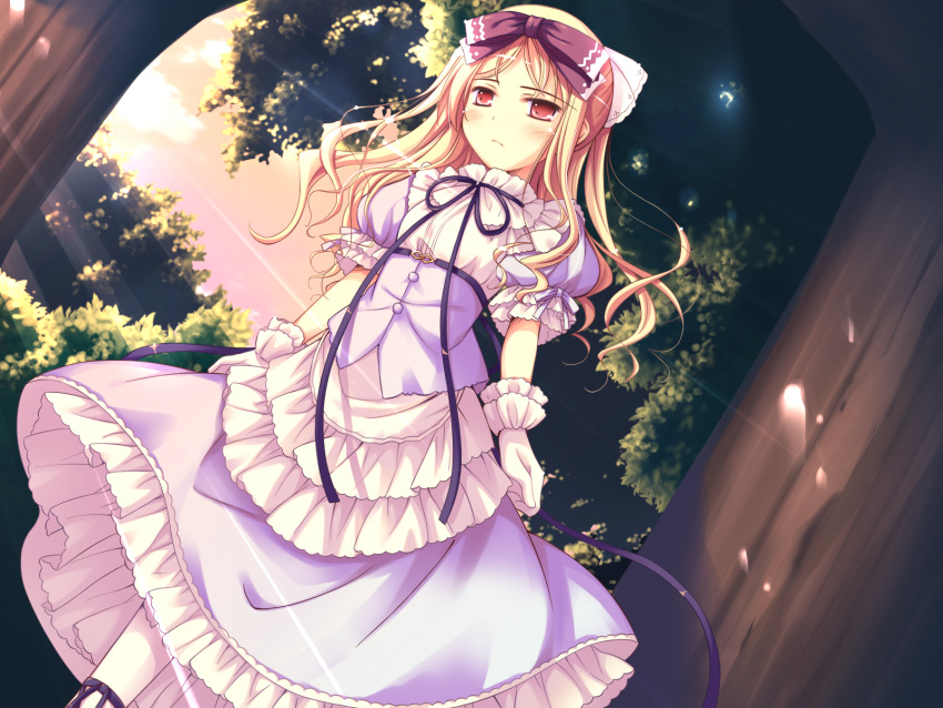 1girl, apron, avril_(shukufuku_no_campanella), bangs, black_ribbon, blonde_hair, blue_skirt, blue_sleeves