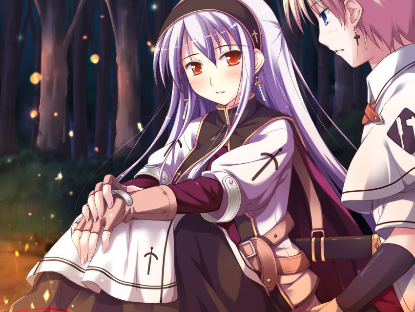 1boy, 1girl, androgynous, bangs, black_headband, black_skirt, black_sleeves, blue_eyes