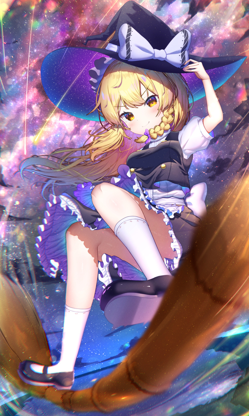 1girl, bangs, black_headwear, blonde_hair, blush, braid, broom, broom_riding