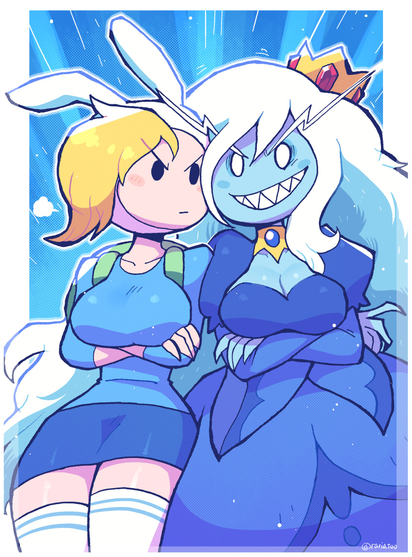 2girls, absurdres, adventure_time, animal_ears, animal_hood, backpack, bag, bangs, blonde_hair, blue_skin, blue_skirt, blush_stickers, breasts, colored_skin, crossed_arms, crown, curvy, fionna_the_human_girl, genderswap, genderswap_(mtf), grin, highres, hood, ice_queen_(adventure_time), jaggy_line, large_breasts, long_hair, multiple_girls, planted, planted_sword, rabbit_ears, rariatto_(ganguri), ribbed_sweater, rivals, sharp_teeth, silver_hair, skirt, smile, sweater, sword, teeth, thick_thighs, thigh-highs, thighs, tongue, tongue_out, very_long_hair, weapon, white_legwear, wide_hips