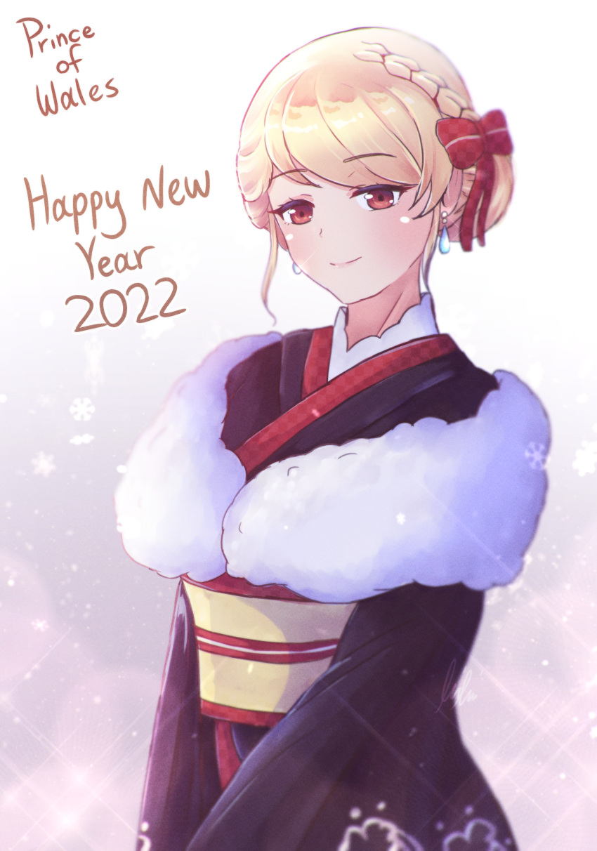 1girl, 2022, absurdres, alternate_costume, alternate_hairstyle, azur_lane, black_kimono, blonde_hair