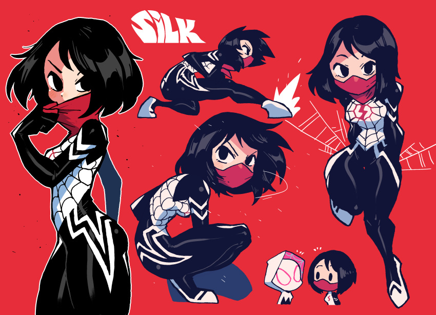 2girls, absurdres, black_hair, bodysuit, breasts, cindy_moon, flats, full_body