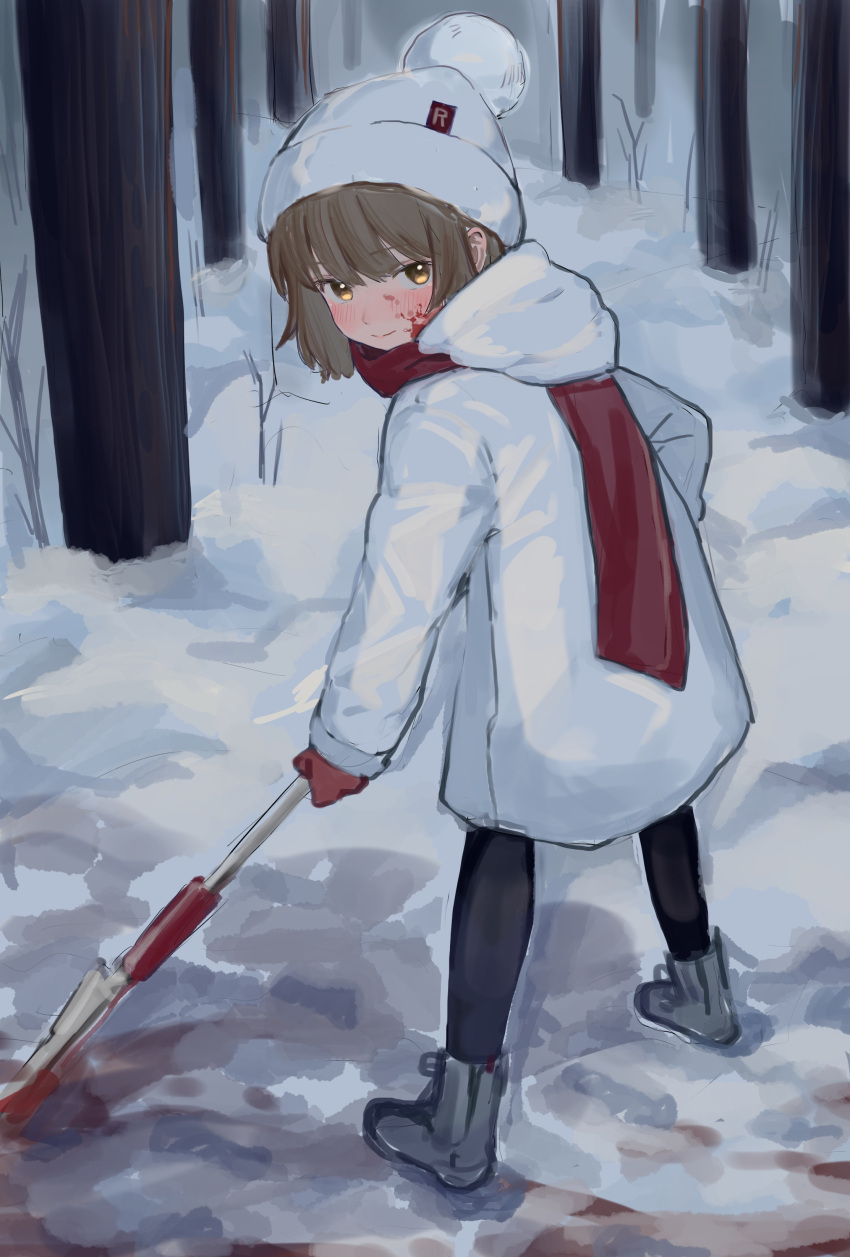1girl, absurdres, beanie, blood, blood_on_face, blush, boots, brown_hair