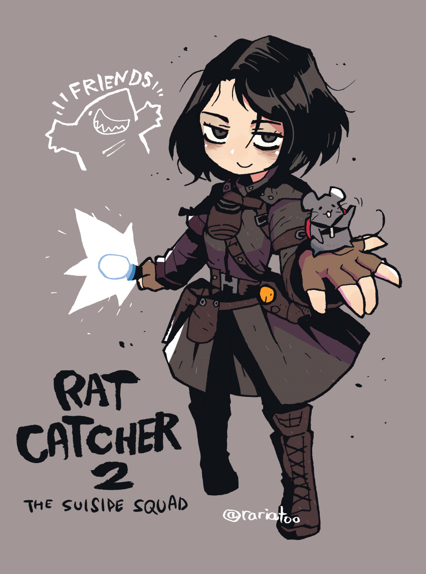 1girl, absurdres, animal, bags_under_eyes, belt, belt_pouch, black_hair, boots, brown_belt, brown_dress, brown_eyes, brown_footwear, brown_gloves, chibi, chibi_inset, closed_mouth, dc_comics, dress, fingerless_gloves, gloves, grey_background, highres, holding, holding_animal, king_shark_(dc), looking_at_viewer, pouch, rariatto_(ganguri), rat, ratcatcher_2, smile, solo, standing, suicide_squad, twitter_username, typo
