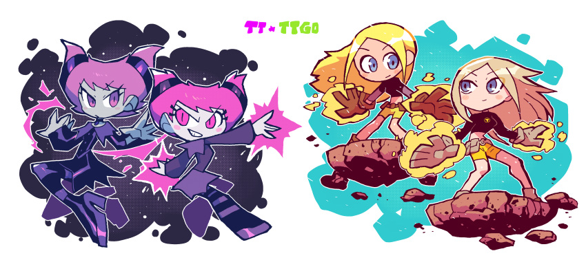 2girls, absurdres, blonde_hair, blue_eyes, blush_stickers, closed_mouth, colored_skin, copyright_name