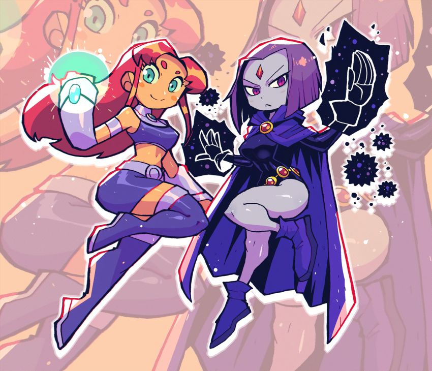 2girls, ankle_boots, belt, boots, bracer, breasts, brooch, cape