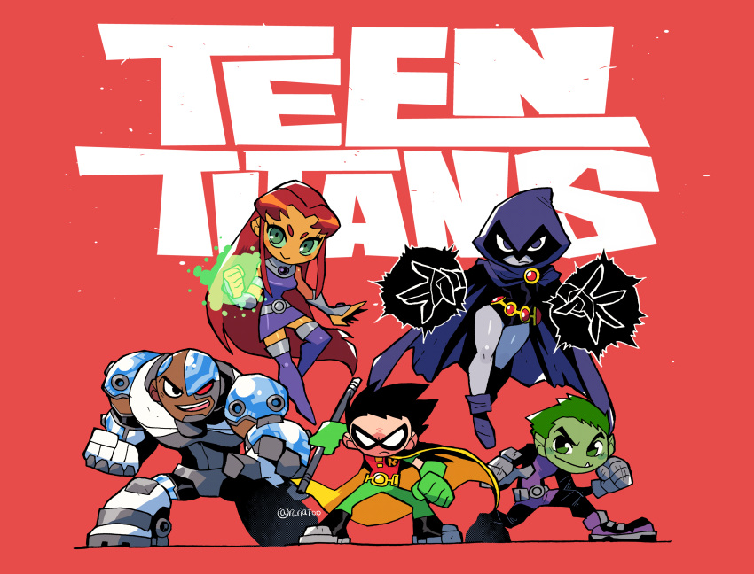 2girls, 3boys, absurdres, beast_boy_(dc), bodysuit, boots, cape, cloak