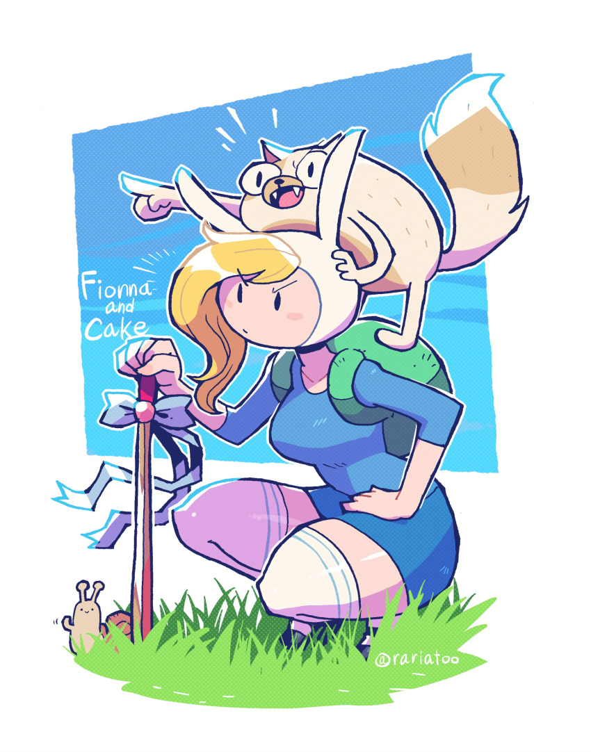 1girl, adventure_time, backpack, bag, blonde_hair, blue_shirt, blue_skirt, cake_(adventure_time)