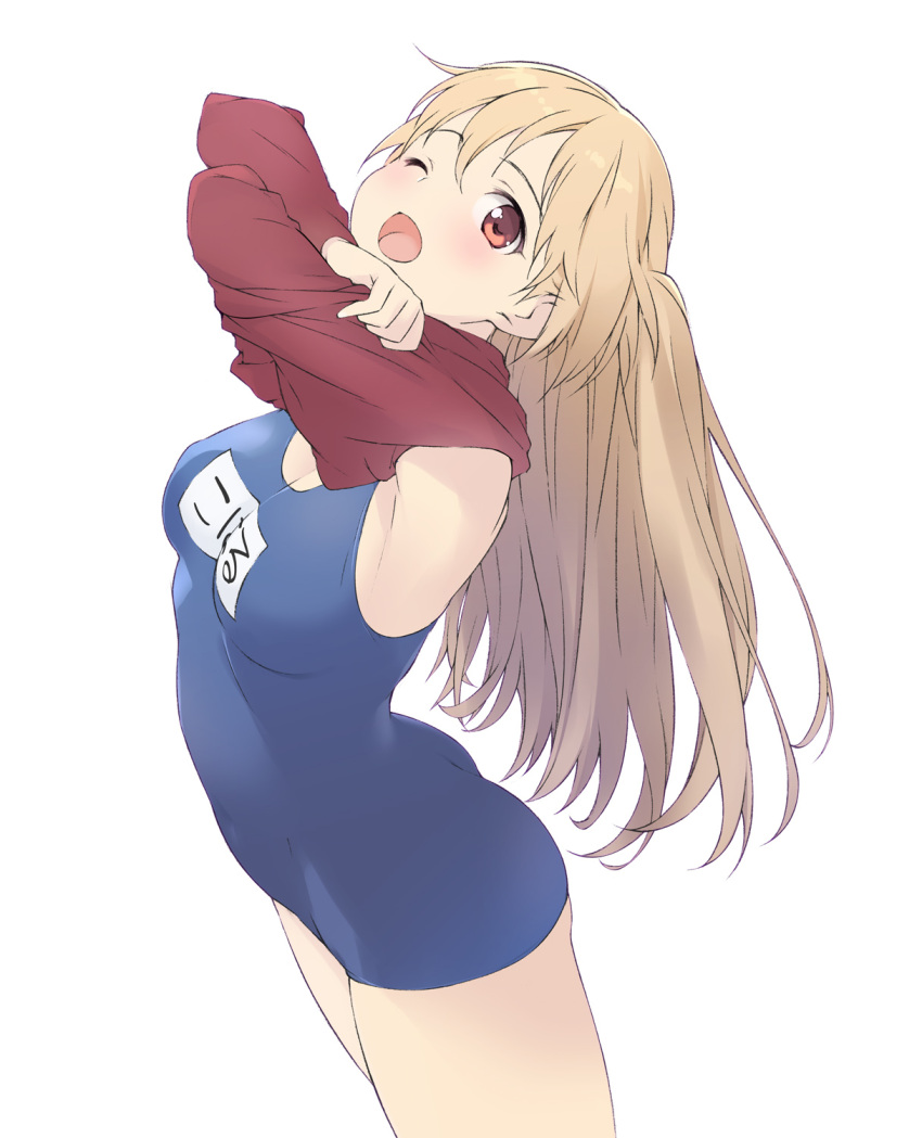 1girl, blonde_hair, blue_swimsuit, blush, cowboy_shot, hair_between_eyes, highres, long_hair