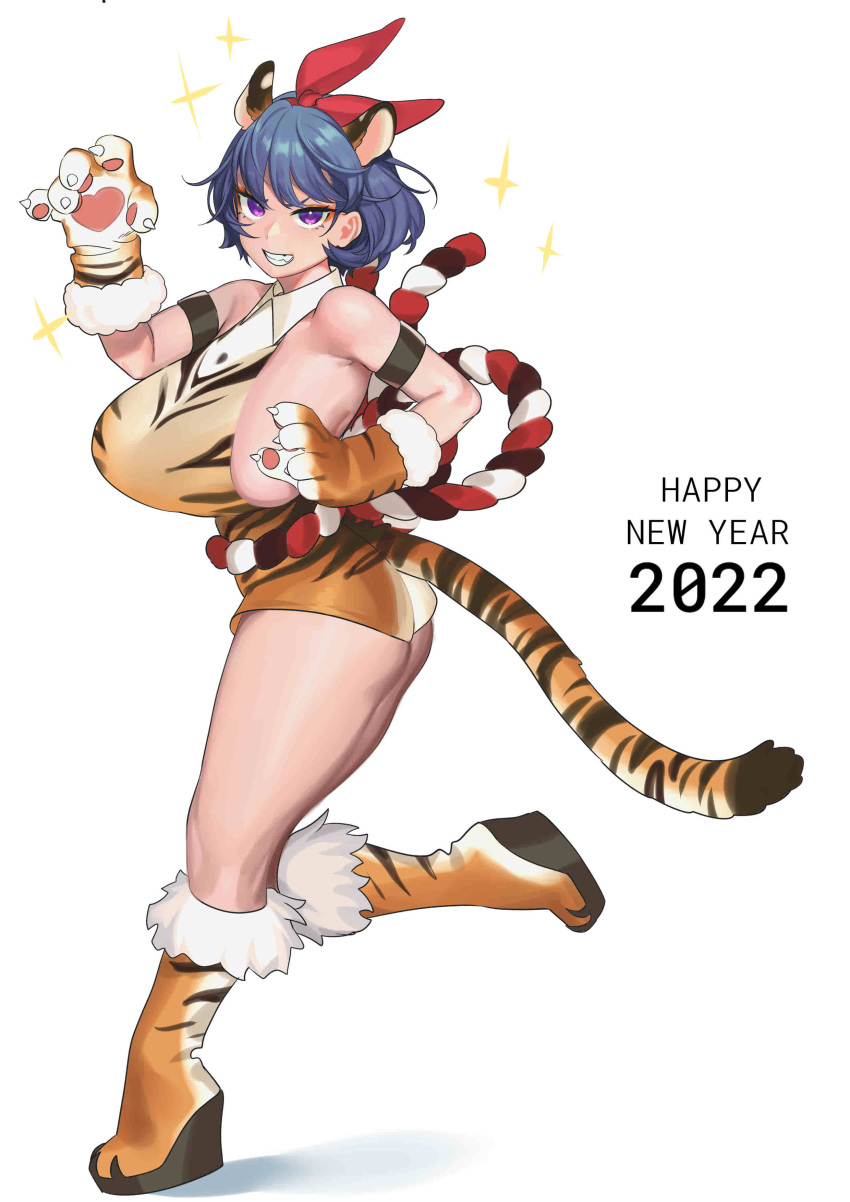 1girl, 2022, absurdres, animal_ears, animal_hands, animal_print, armlet, blue_hair, boots, breasts, collared_shirt, enta_(nia), gloves, hair_ribbon, hands_up, happy_new_year, highres, huge_breasts, new_year, nia_(nia4294), original, paw_gloves, print_footwear, red_ribbon, ribbon, shadow, shirt, short_hair, sideboob, simple_background, sleeveless, sleeveless_shirt, solo, sparkle, tail, tiger_ears, tiger_print, tiger_tail, white_background