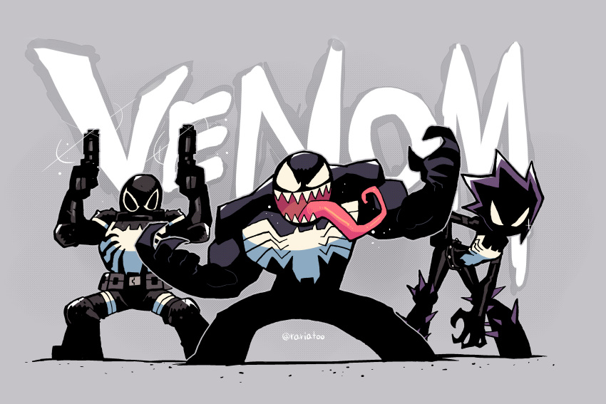 1girl, 2boys, absurdres, agent_venom, bent_over, black_bodysuit, black_hair, bodysuit, character_name, claws, dual_wielding, glint, grin, gun, hands_up, highres, holding, holding_gun, holding_weapon, long_tongue, looking_at_viewer, mania_(marvel), marvel, multiple_boys, rariatto_(ganguri), smile, spider-man_(series), spiked_belt, spiky_hair, tongue, tongue_out, twitter_username, venom_(marvel), very_long_tongue, weapon