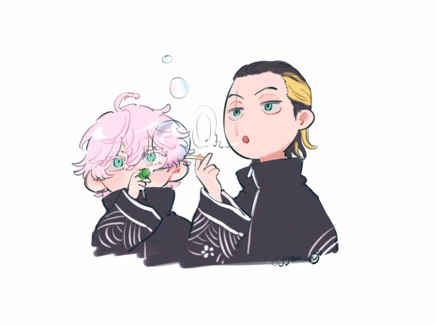 1boy, 1girl, :o, age_difference, akashi_senju, akashi_takeomi, alternate_costume, bangs, black_hair, black_hoodie, blonde_hair, blue_eyes, brother_and_sister, bubble, chibi, cigarette, colored_eyelashes, ears_visible_through_hair, eyebrows, eyebrows_visible_through_hair, eyelashes, half-closed_eyes, hood, hoodie, multicolored_hair, pink_hair, short_hair, siblings, smoke, tokyo_revengers, twitter_username, yyam_o