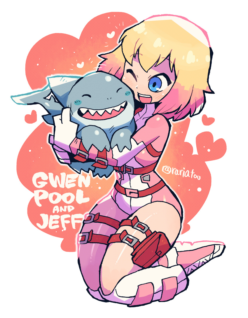 1girl, :d, absurdres, belt_pouch, blonde_hair, blue_eyes, blush, bodysuit