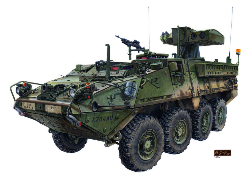 armored_fighting_vehicle, armored_vehicle, box_art, commentary_request, ground_vehicle, gun, headlight, horns, koizumi_kazuaki_production, machine_gun, military, military_vehicle, no_humans, original, radio_antenna, scope, signature, simple_background, tire, vehicle_focus, weapon, wheel, white_background