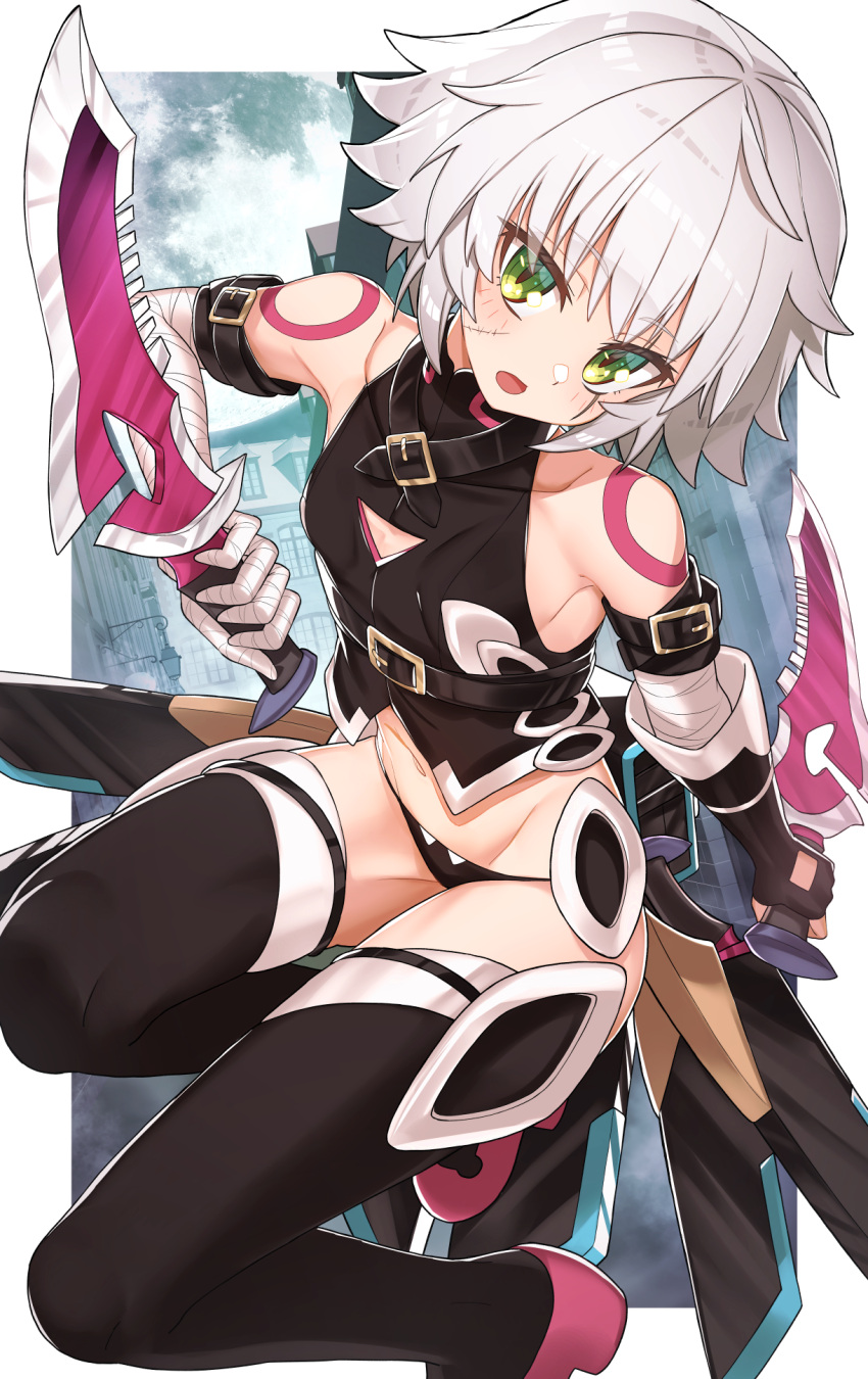 1girl, bare_shoulders, black_footwear, black_panties, dual_wielding, eyebrows_visible_through_hair, fate/apocrypha, fate/grand_order