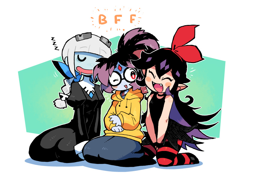 3girls, :d, absurdres, anya_(rariatto), arthropod_girl, bangs, bare_arms, bare_shoulders