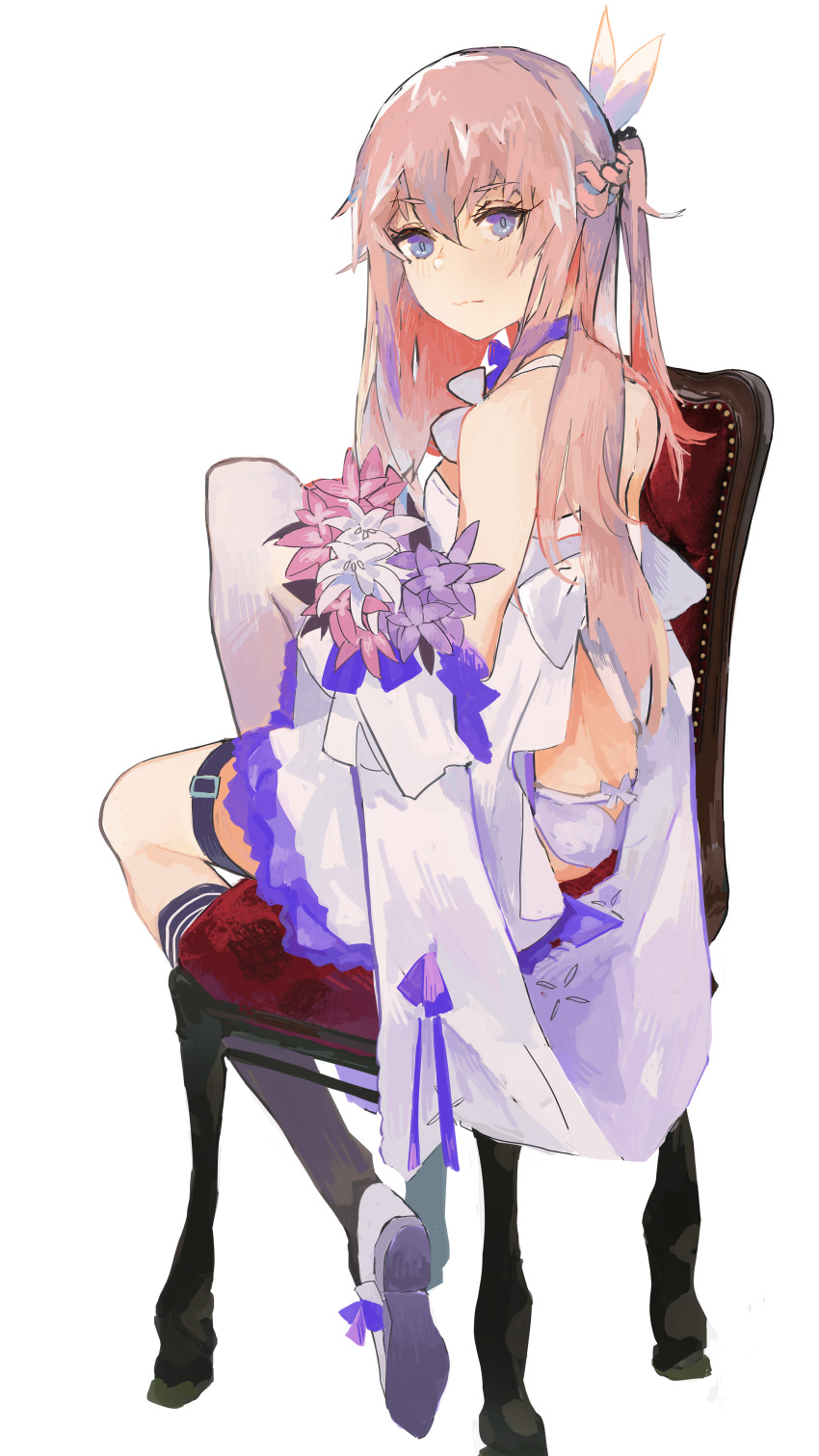1girl, absurdres, back, bangs, bouquet, chair, closed_mouth, dress