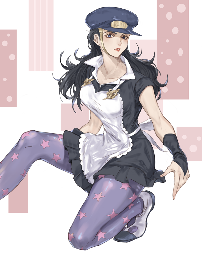 1girl, apron, black_hair, blue_eyes, bridal_gauntlets, hat, jojo_no_kimyou_na_bouken, long_hair