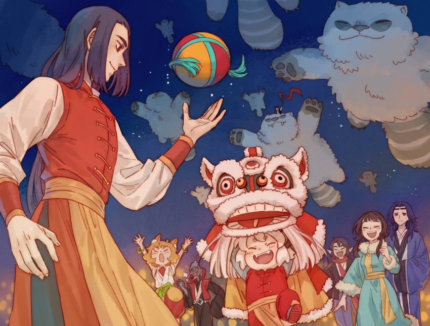 2girls, 5boys, animal_ears, beard, black_hair, blue_hair, blue_sky, cat_boy