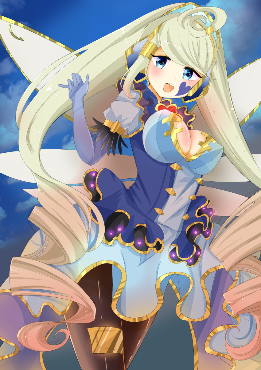 1girl, blonde_hair, blue_dress, blue_eyes, breasts, cleavage, cleavage_cutout, dress