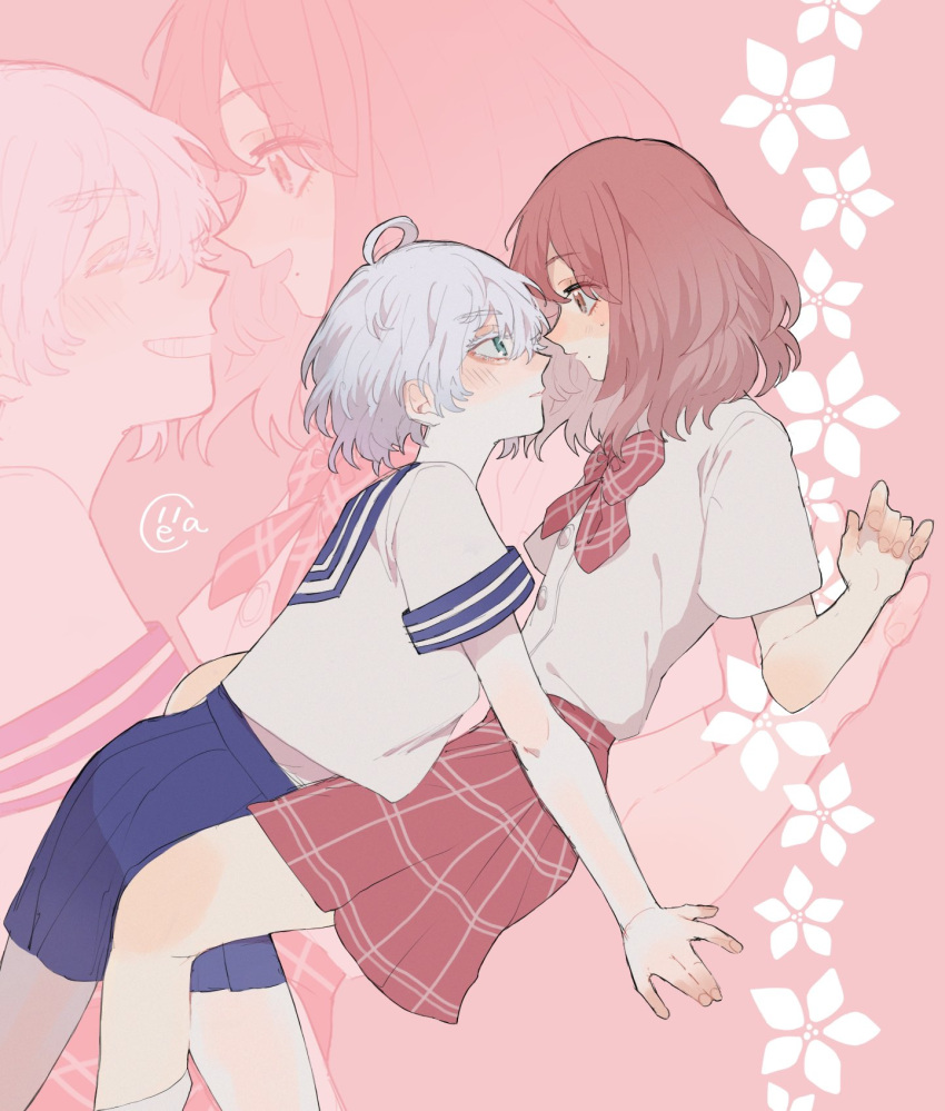 >:(, 2girls, ^v^, ahoge, akashi_senju, albino, bangs, blouse